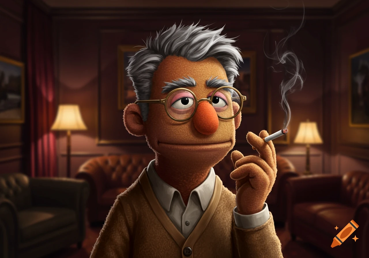 A highly detailed digital illustration of a puppet-like character with grey hair and glasses, smoking a cigarette in a dark, richly decorated room.