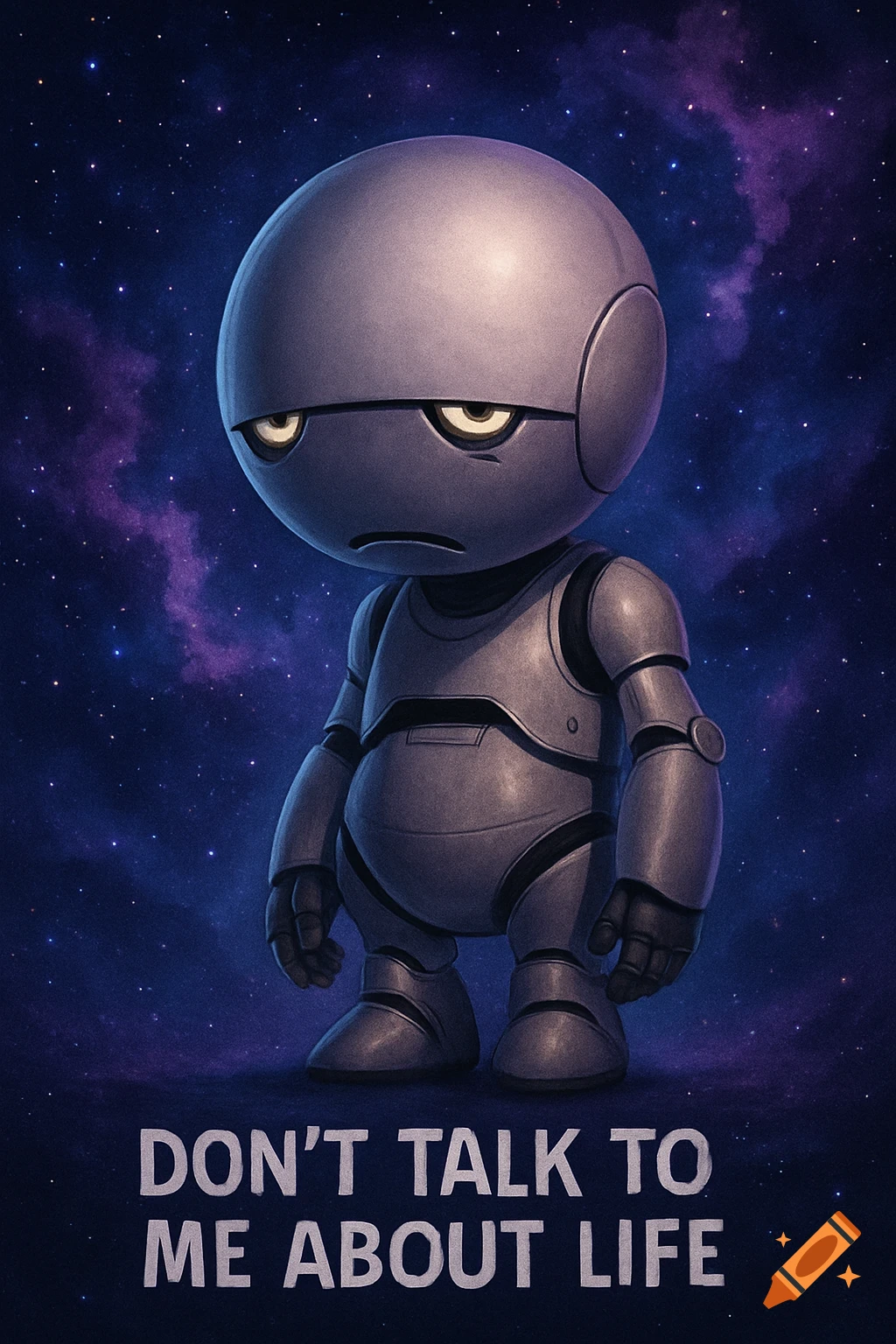 A sad, metallic robot with glowing eyes stands against a starry galaxy, with text 'DON'T TALK TO ME ABOUT LIFE' below.