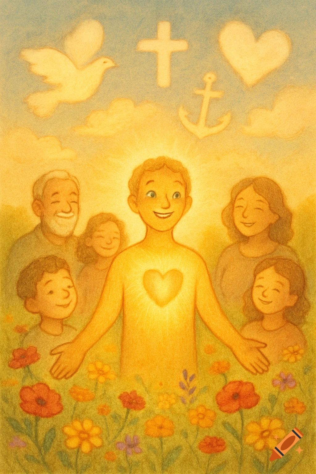 A stylized illustration of a happy family in a flower field, with a young man in the center glowing with a heart. Religious symbols, a dove, and hearts float in the sunny sky.