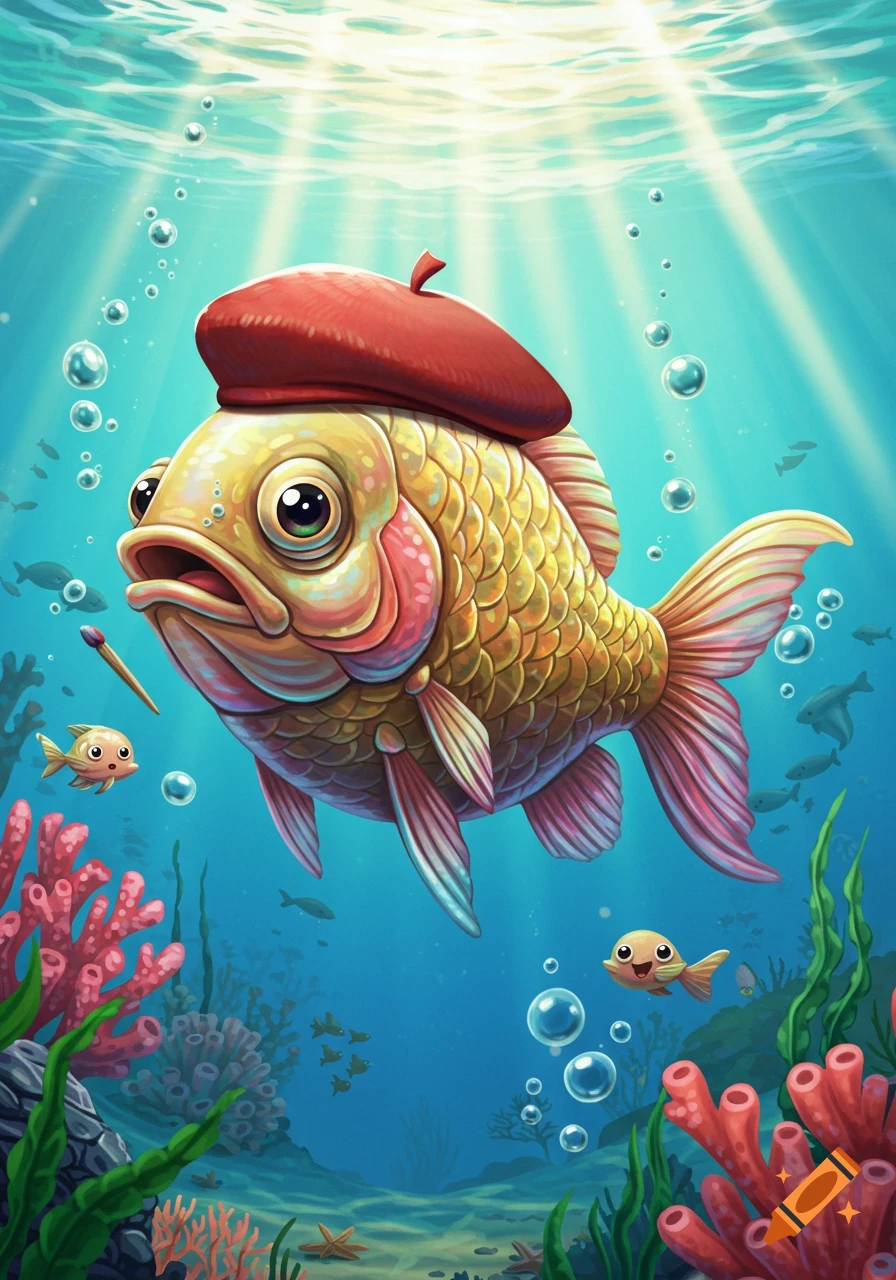 A whimsical cartoon fish wearing a red beret swims in a vibrant blue underwater scene with coral and smaller fish.