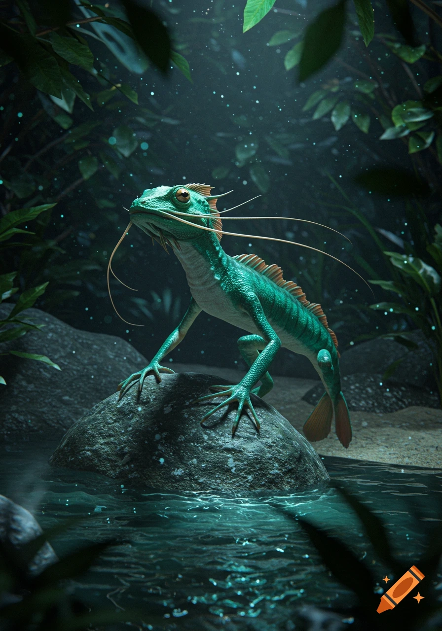 A green, whiskered, lizard-like creature with a finned tail stands on a rock in shallow water in a dark, magical jungle.