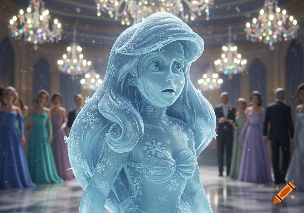 A surprised ice statue of Ariel from The Little Mermaid, covered in snowflakes, stands in a ballroom with chandeliers and blurred guests.
