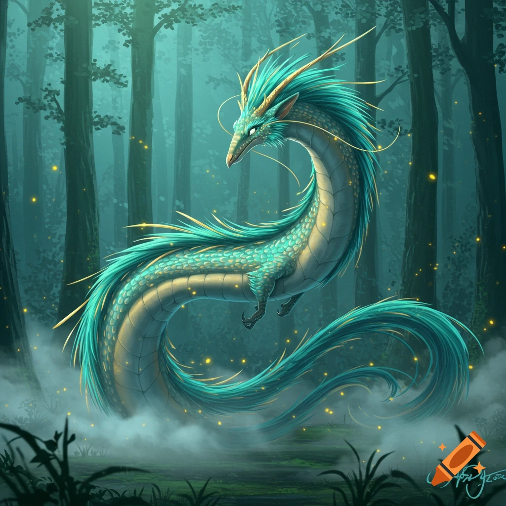 A vibrant, turquoise and gold dragon with flowing fins floats amidst a misty, dark forest with glowing particles.