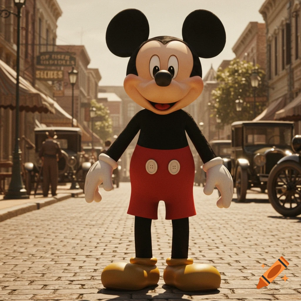 CGI Mickey Mouse in his classic red shorts and yellow shoes stands on a cobblestone street in a vintage town with old cars and buildings.