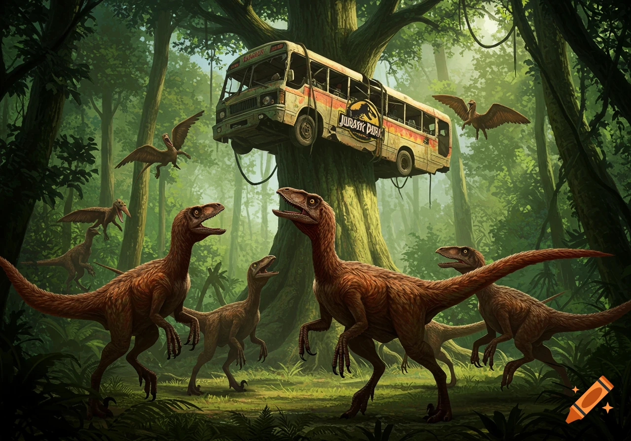 A pack of feathered raptors in a dense jungle look up at an old 'Jurassic Park' tour bus suspended in a tall tree, in an illustrative style.