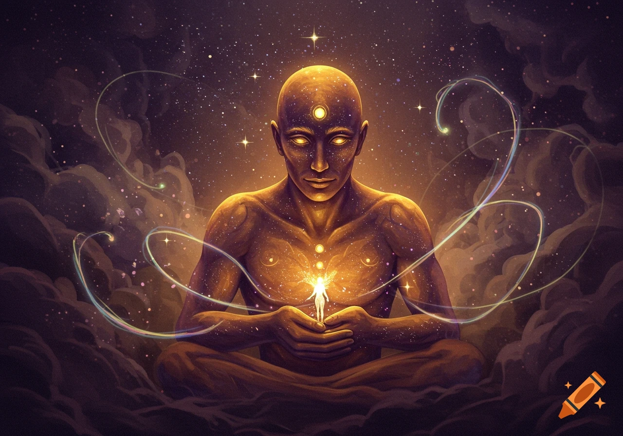 A glowing bald cosmic being meditates, holding a small radiant figure in a starry, ethereal landscape with energy streams. Digital painting.