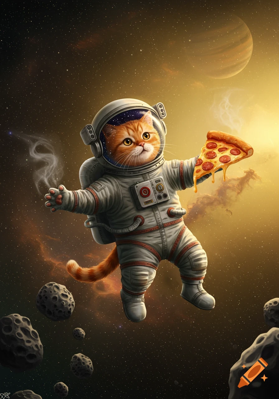 A cute ginger cat in an astronaut suit floats in space, holding a slice of pepperoni pizza, with asteroids and a glowing planet in the background.