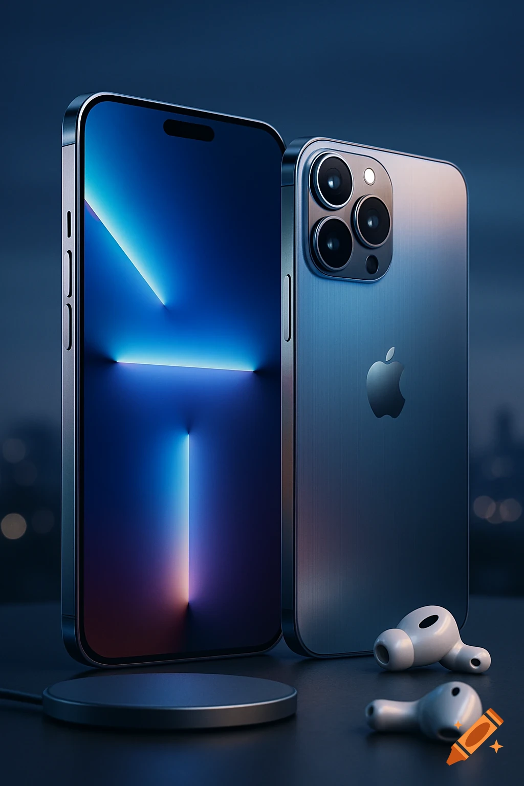 Two modern smartphones, one showing a glowing screen, the other an Apple logo, with wireless earbuds and a charging pad.