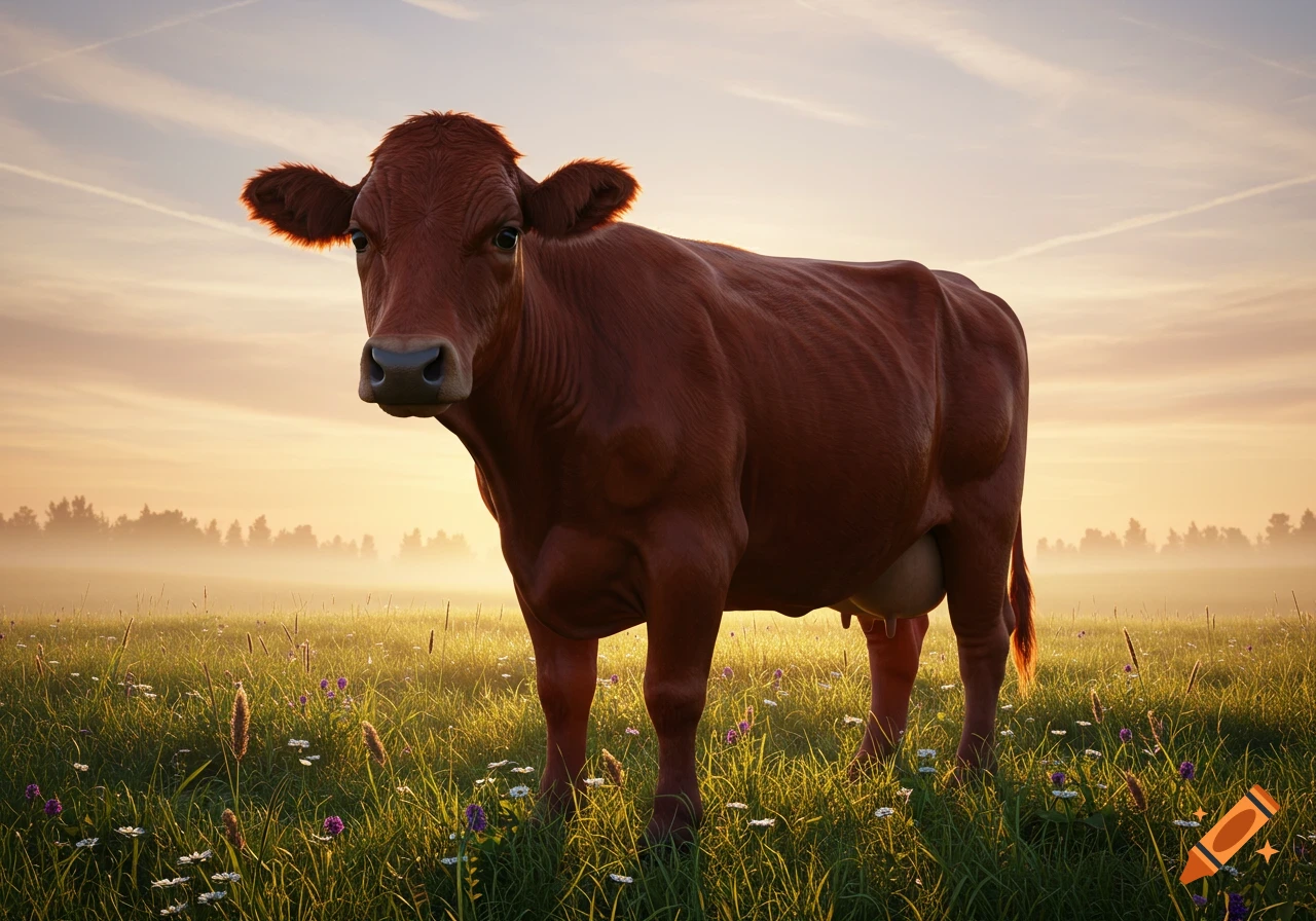 A photorealistic brown cow stands in a sunlit grassy field with wildflowers and a misty forest in the background.