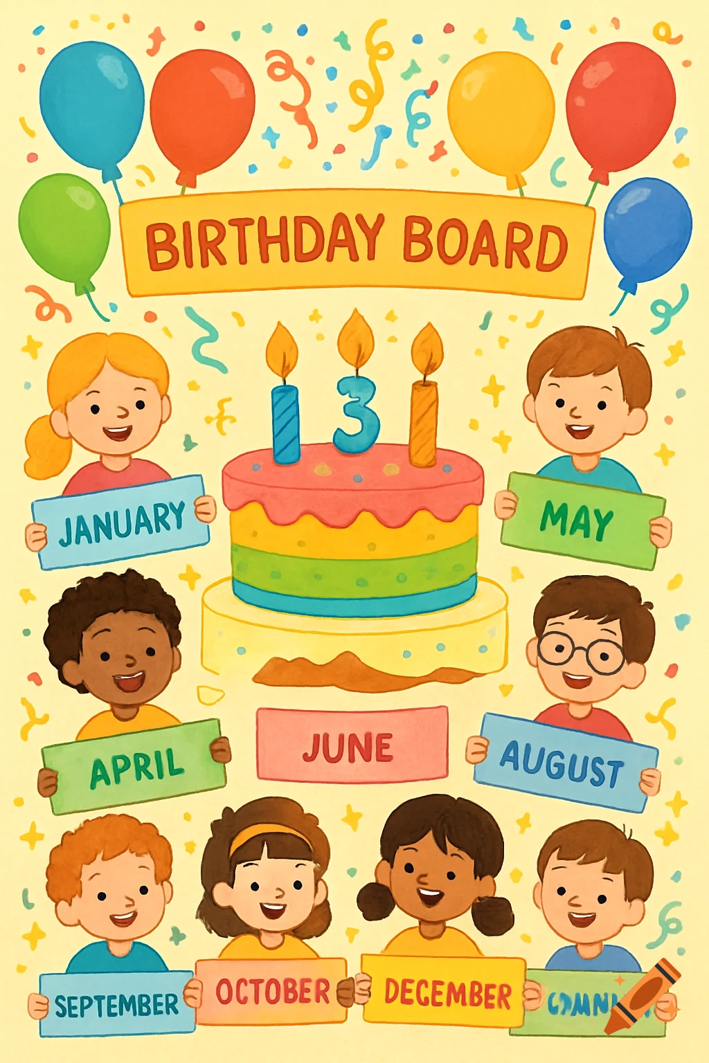 Vibrant cartoon illustration of a birthday board with children holding month signs around a cake with a '3' candle.