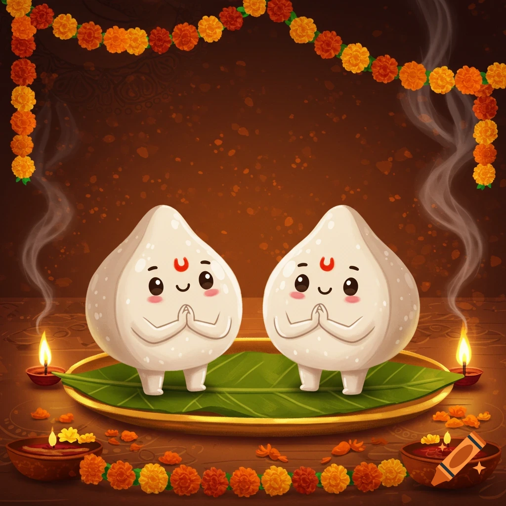 Two cute animated modak sweets doing namaste on a leaf with lit diyas and marigold garlands, celebrating Ganesh Chaturthi.