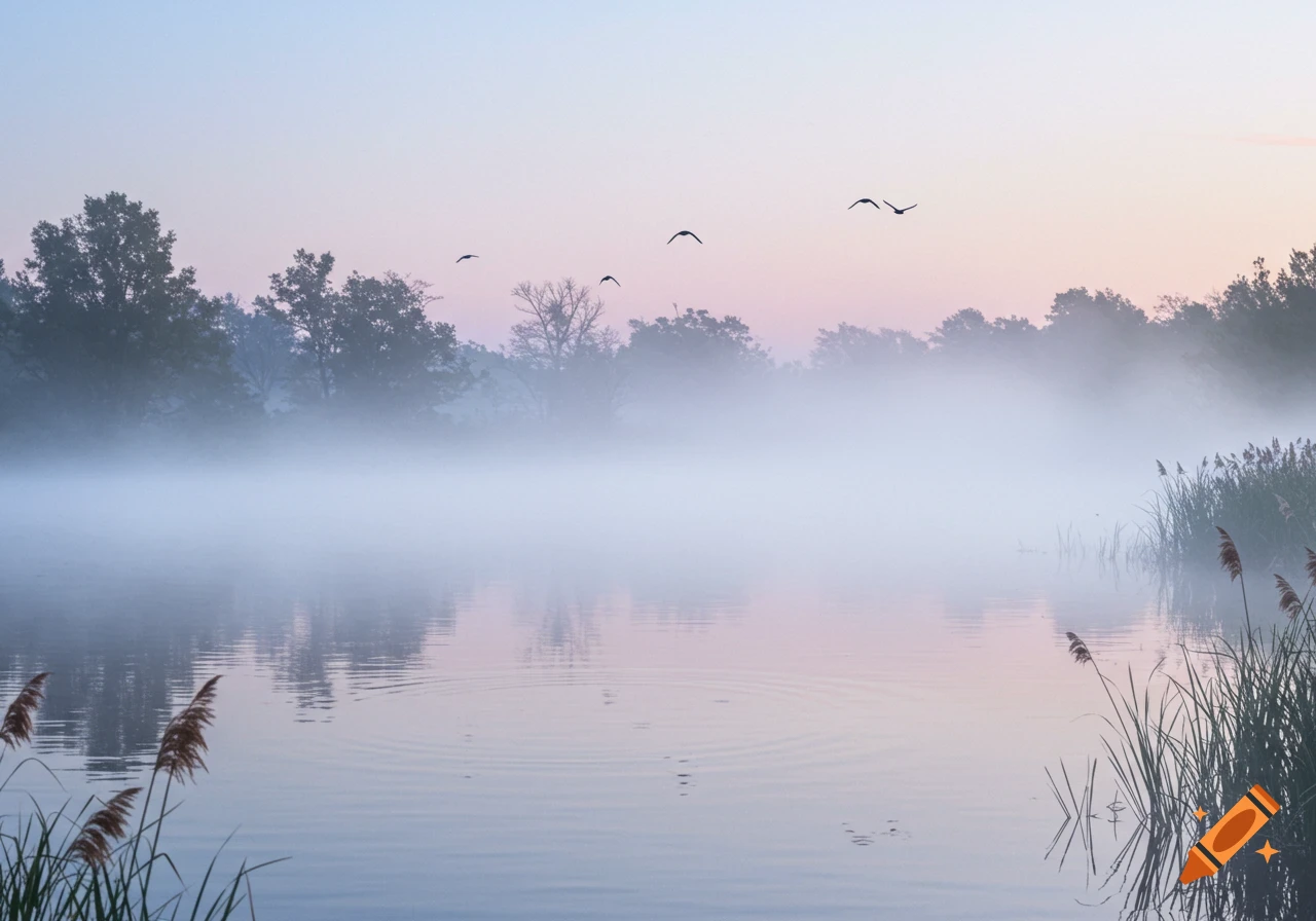 Misty lake at dawn or dusk with silhouetted trees, faint birds flying, and soft pink and blue sky.
