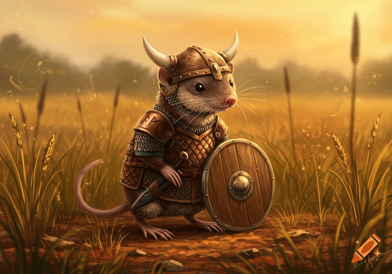 A cute mouse wearing bronze battle armor and a horned helmet stands in a golden wheat field, holding a round wooden shield and dagger.