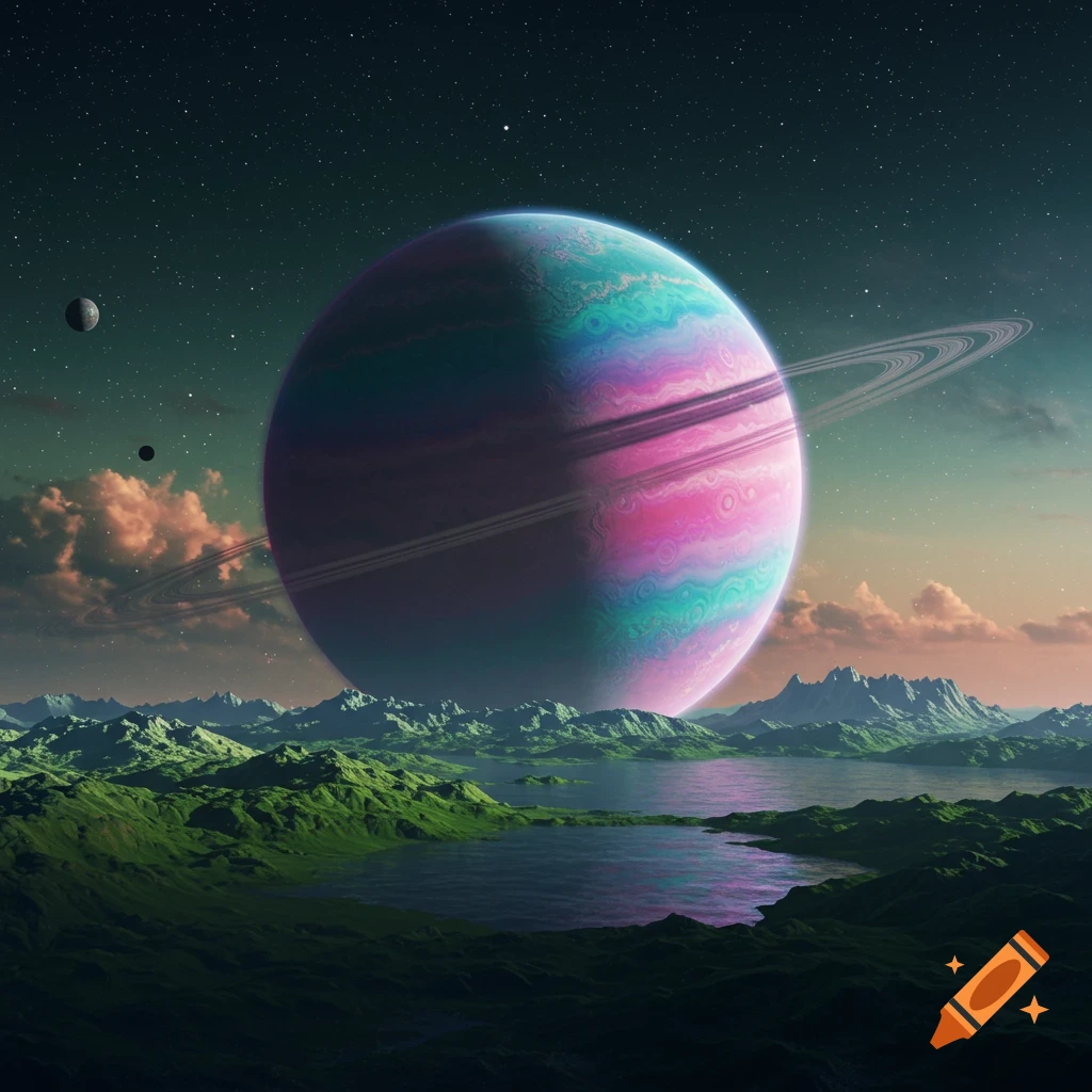 Vibrant, ringed planet in a starry sky over a lush green alien landscape with lakes and mountains.