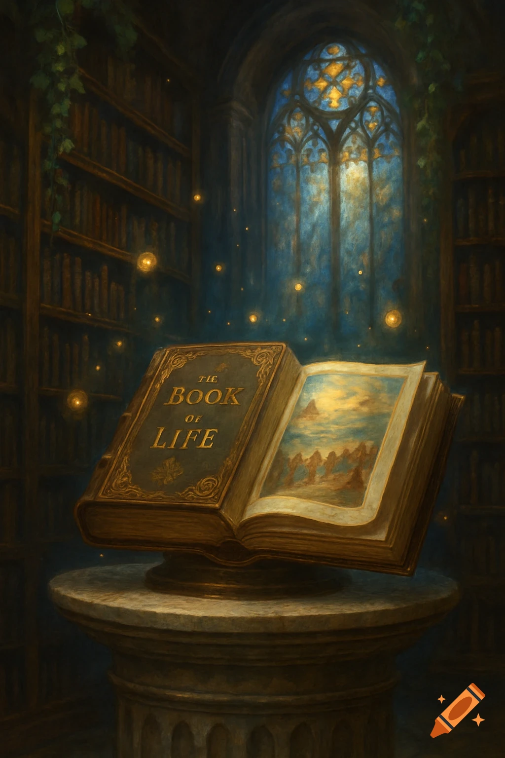 Painterly image of an open book 'The Book of Life' on a pedestal in a dark, enchanted library with glowing orbs and a stained glass window.