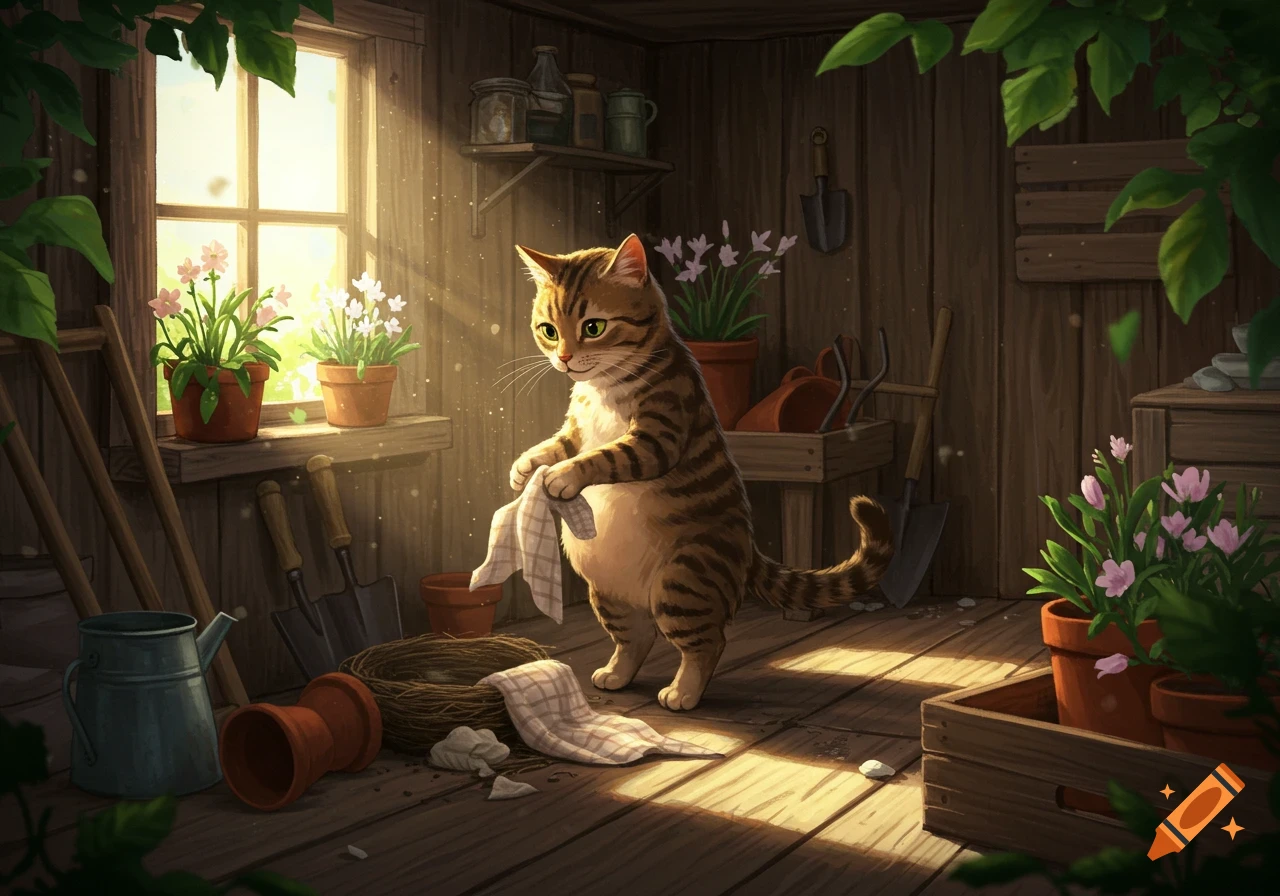 A striped cat stands in a sunlit wooden shed, holding a cloth, surrounded by potted plants and gardening tools.