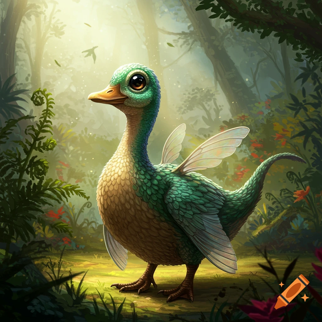 A cute green and brown duck-dinosaur hybrid with small wings stands in a magical forest with sun rays.