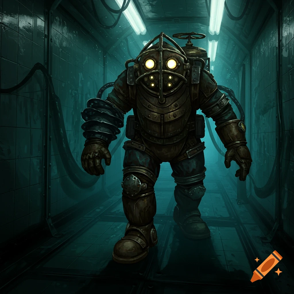 A BioShock Big Daddy, a large figure in a diving suit with glowing eyes, walks down a dark, tiled corridor.