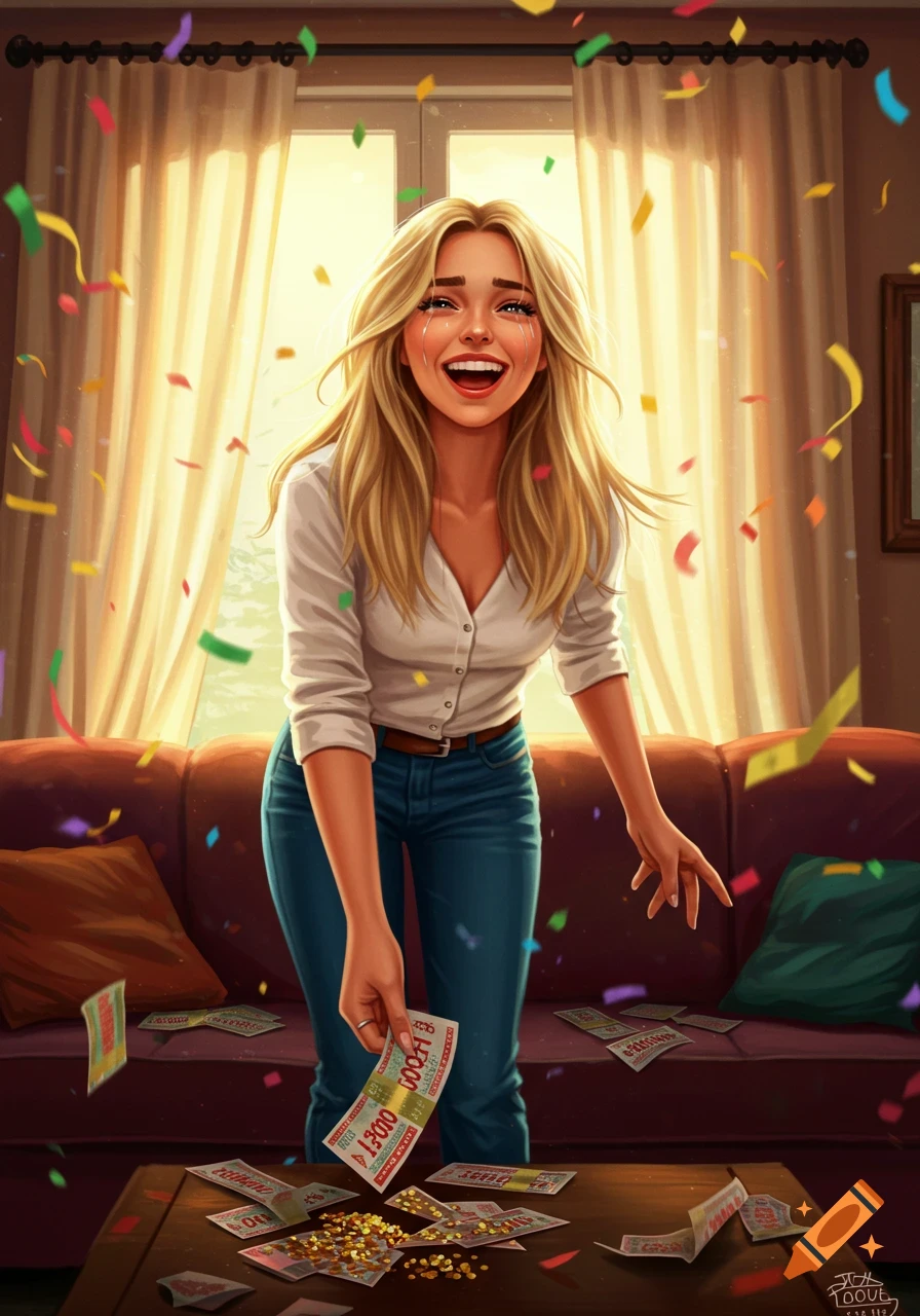 A joyous blonde woman in an illustration style, excitedly celebrating after winning the lottery with confetti falling and tickets on a table.