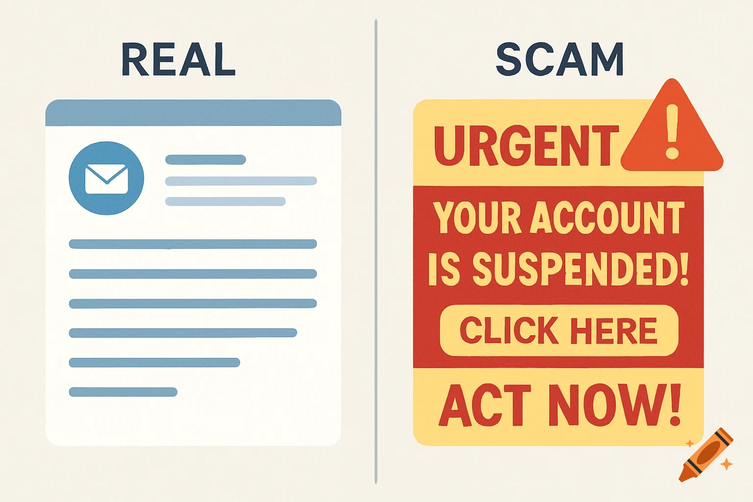 A split-screen infographic comparing a real email with a scam email, showing common red flags.