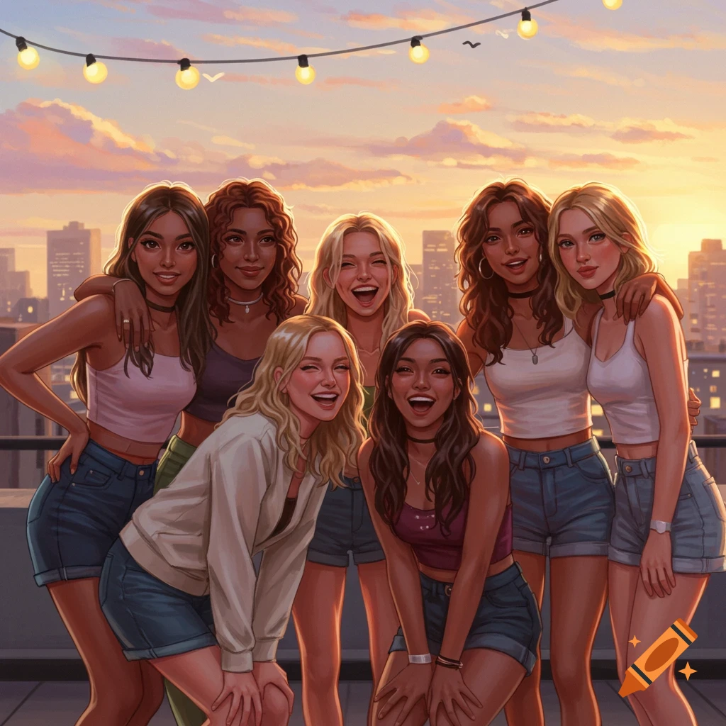 An illustration of a diverse group of smiling young women posing together on a rooftop at sunset with a city skyline in the background.