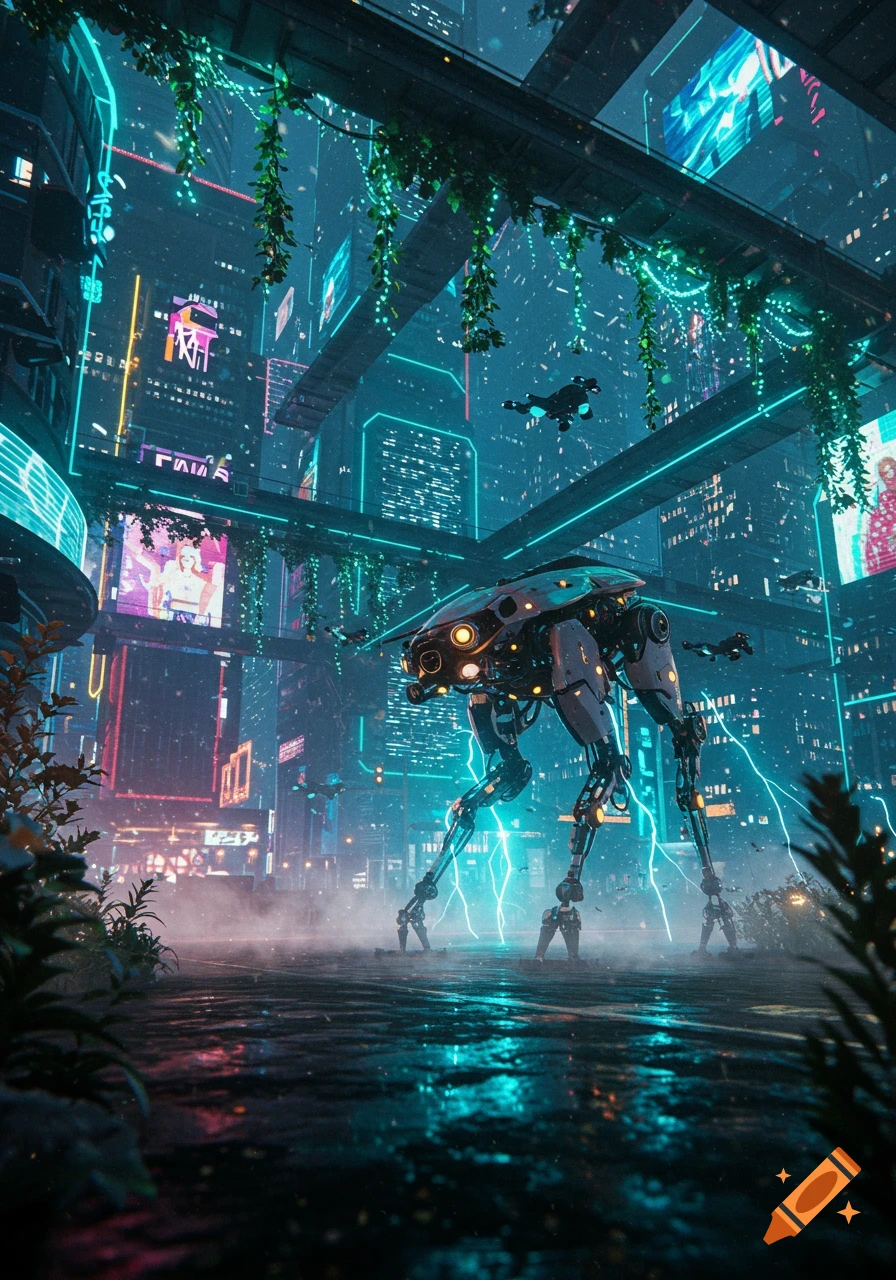 A large four-legged robot stands in a neon-lit, rainy cyberpunk city street with flying drones and glowing signs.