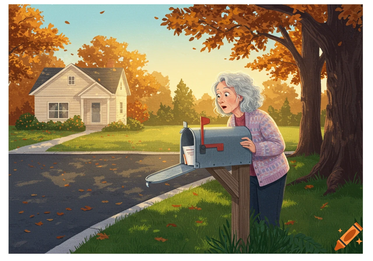 Surprised elderly woman opens a mailbox on a suburban street in front of a small house during autumn, illustrated style.