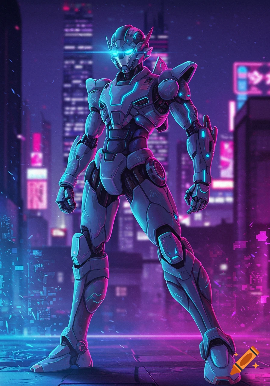 A stylized anime robot character with glowing blue details stands in a futuristic city at night, illuminated by neon pink and blue lights.