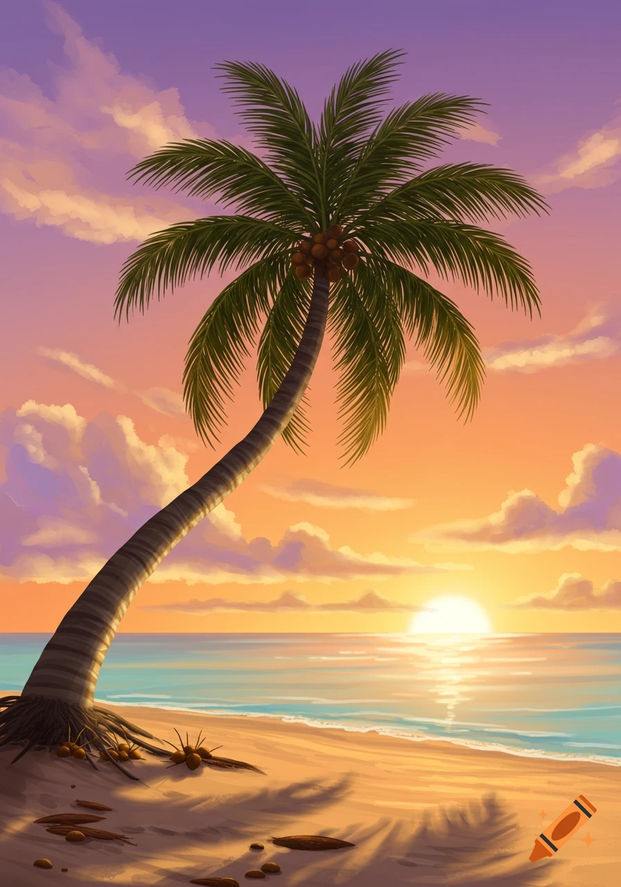 Stylized illustration of a coconut palm tree on a sandy beach during a vibrant sunset over the ocean.