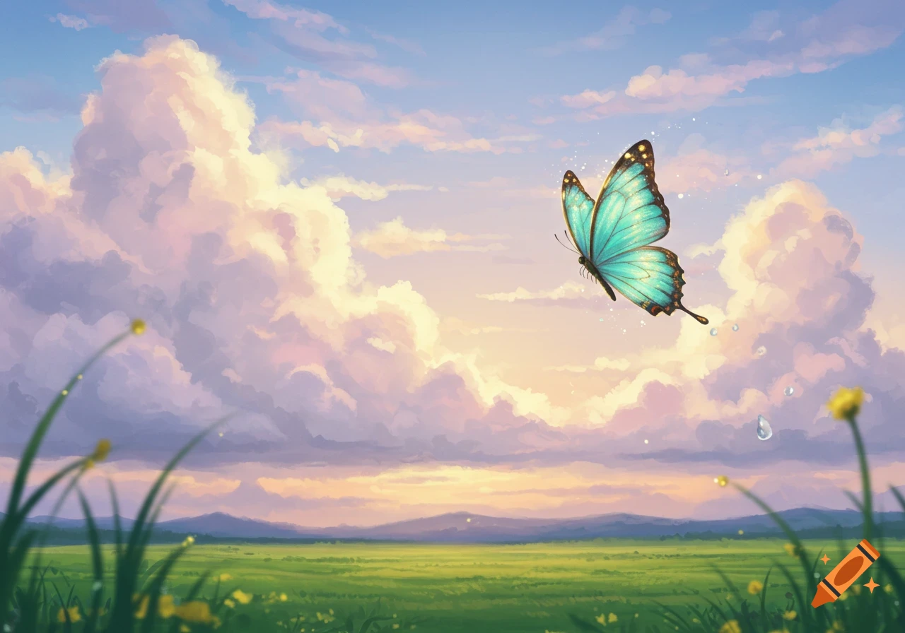 An illustration of a vibrant teal butterfly flying over a green field with yellow flowers, under a beautiful sky with pink and orange clouds.