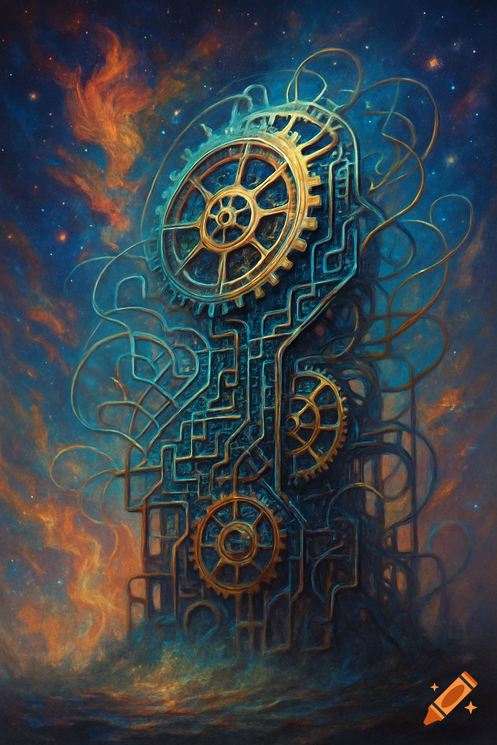 Ornate mechanical structure with gears and circuitry against a swirling blue and orange cosmic background with stars.