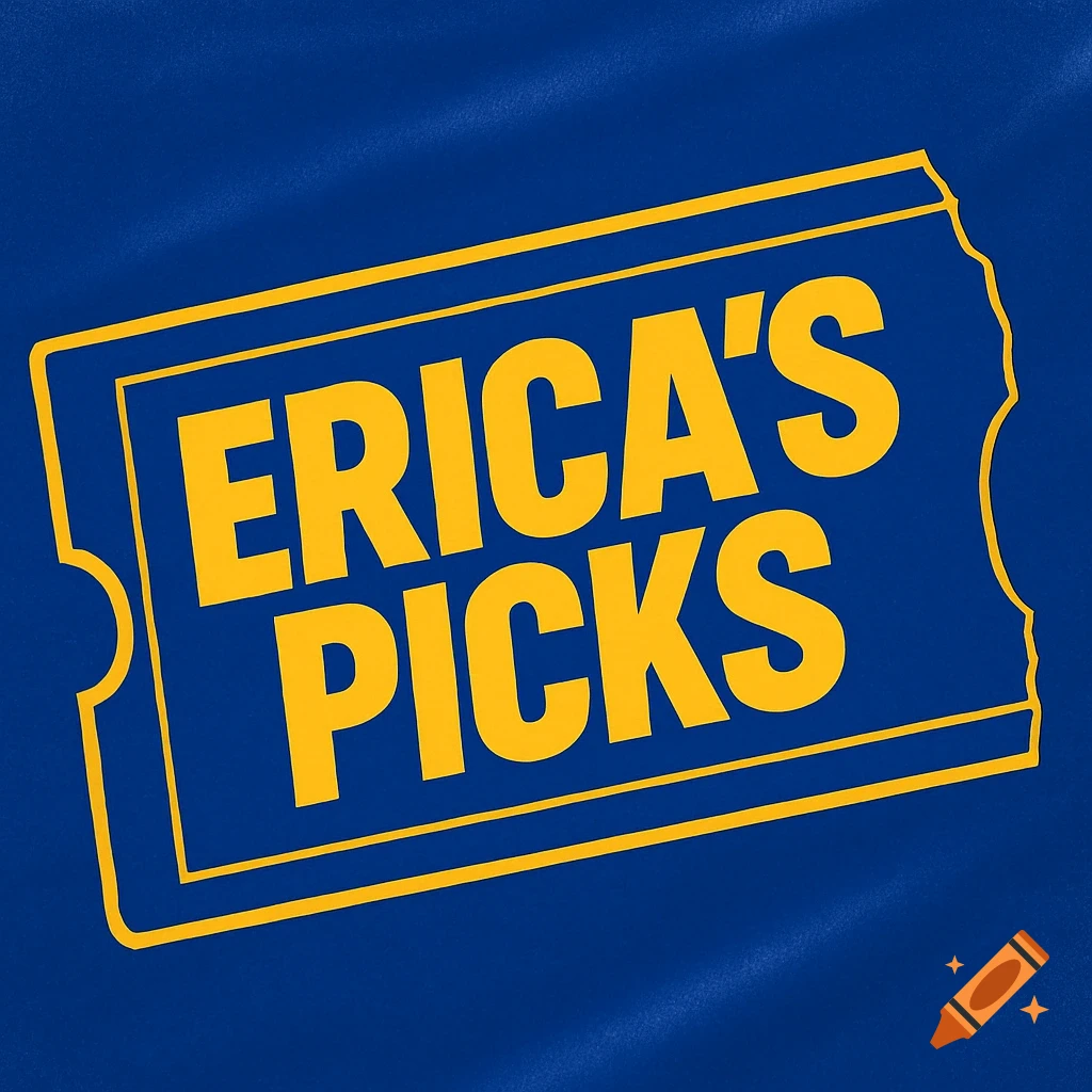 A blue ticket-shaped logo with a yellow outline and the words 'Erica's Picks' in bold yellow text on a blue background.