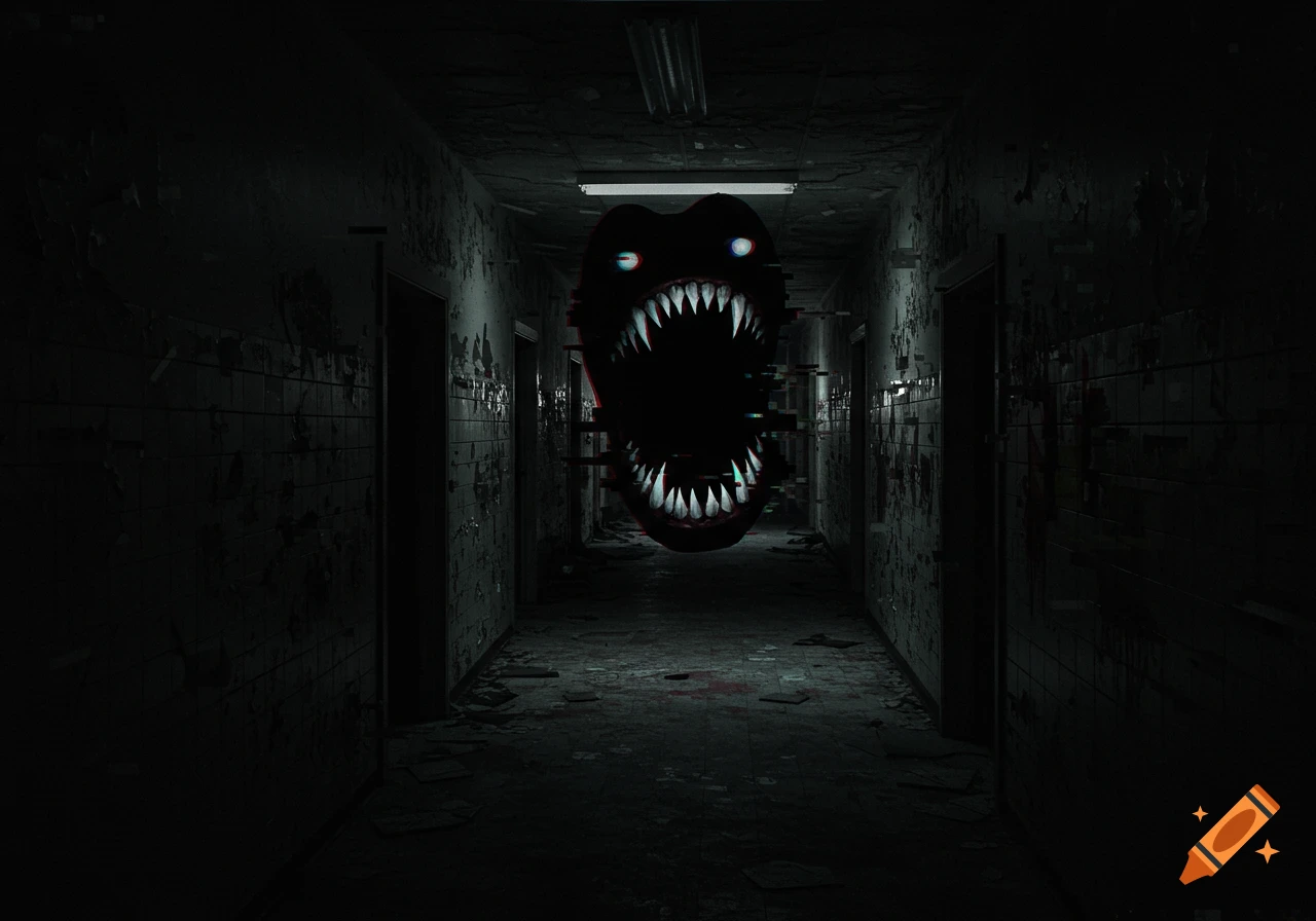 A terrifying glitch monster with sharp teeth floats in a dark, abandoned hallway.