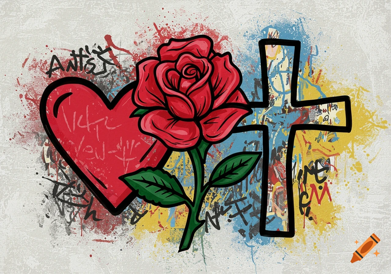A graffiti-style artwork featuring a red heart, a red rose, and a black cross against a splattered paint background.