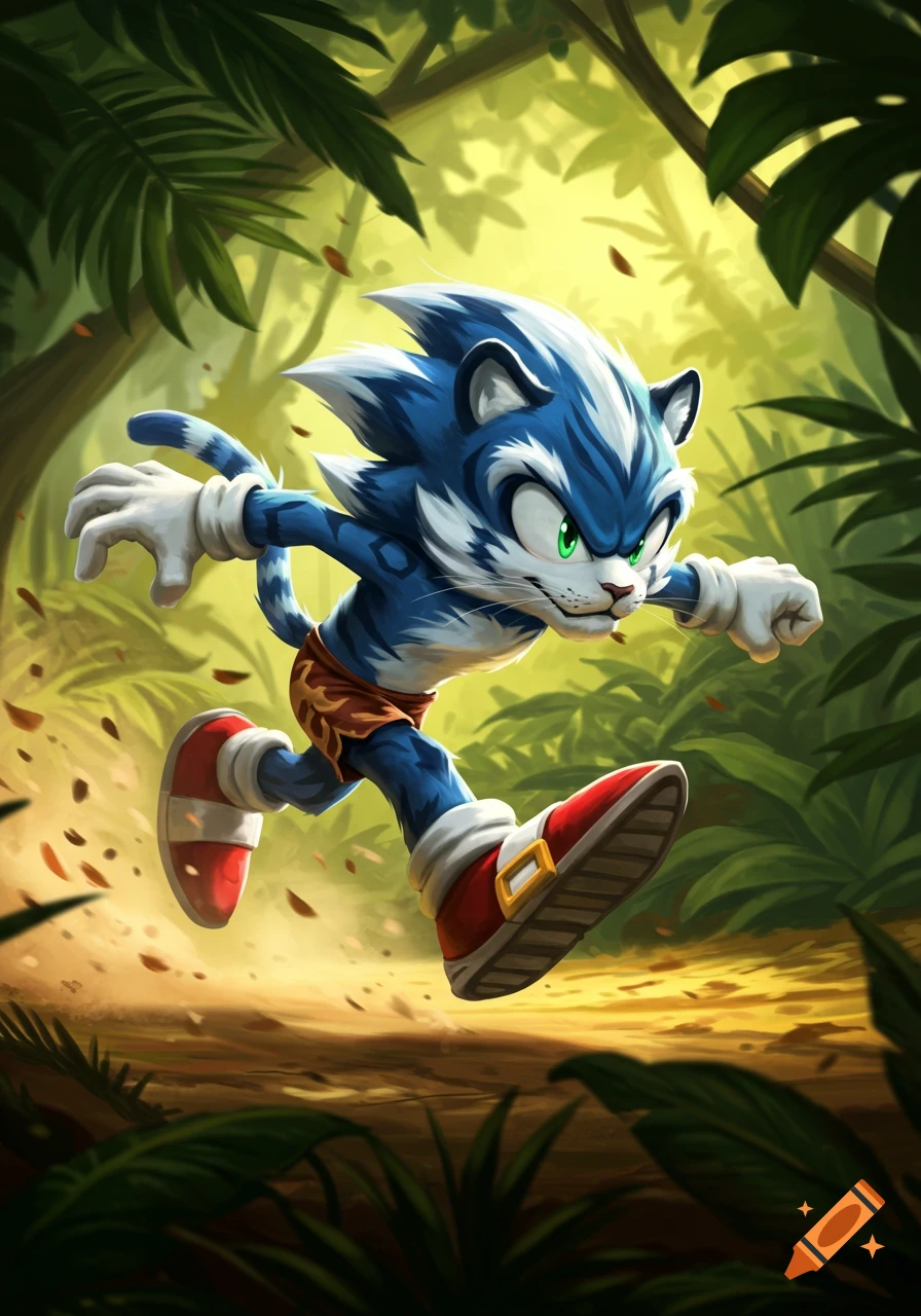 Blue and white tiger-like character in red shoes runs through a jungle forest.