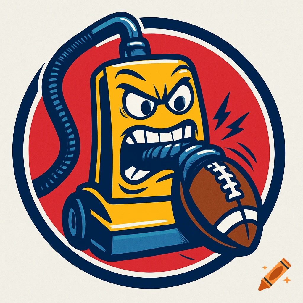 A bold circular logo featuring an angry yellow cartoon vacuum cleaner with a hose sucking an American football. Comic style.