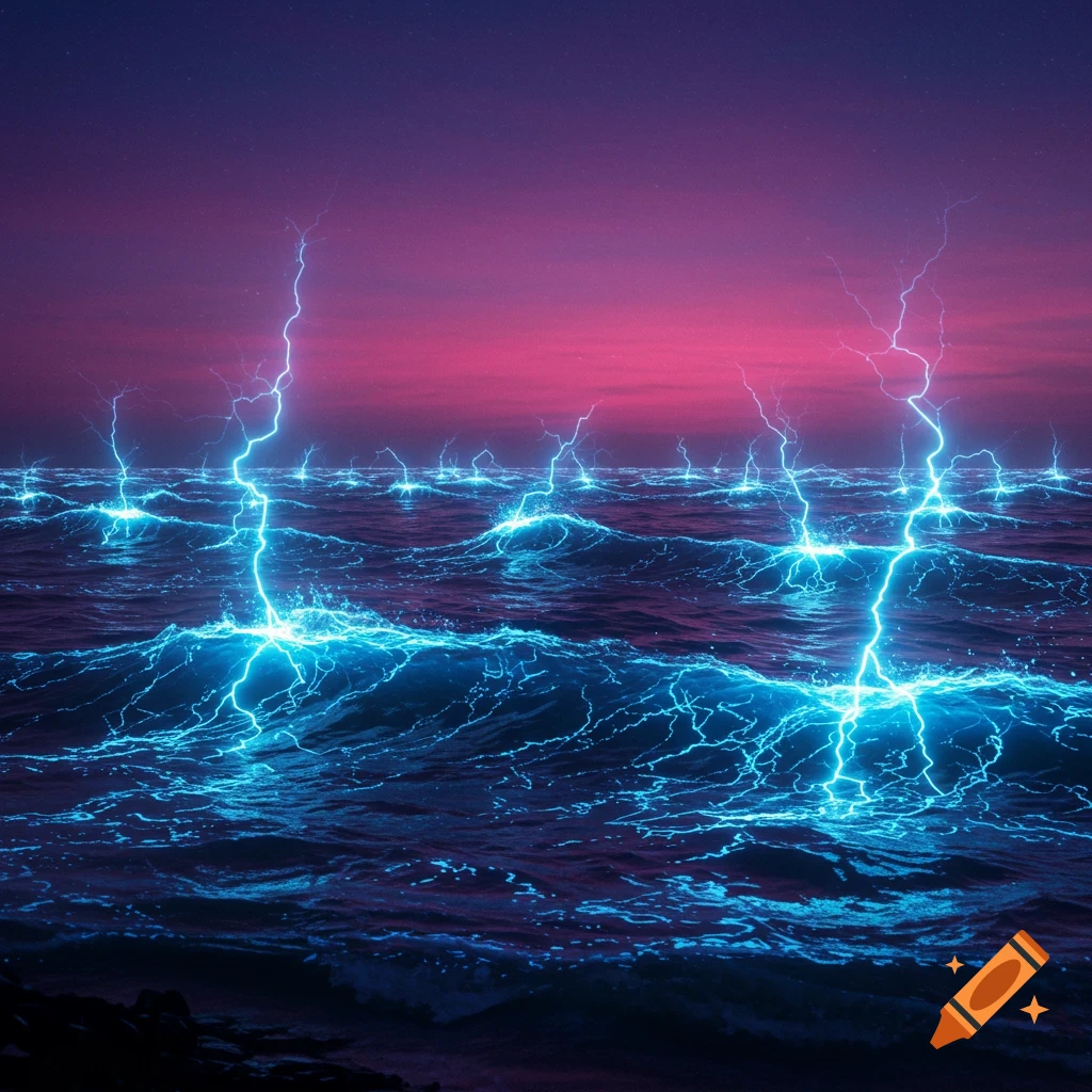 Vibrant purple and pink sunset sky over a dark sea with numerous bright blue lightning strikes hitting the water.