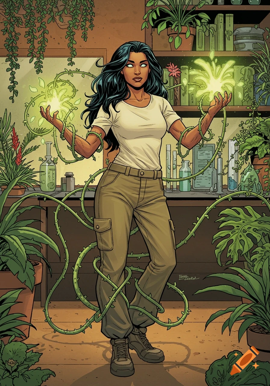 A comic book style image of a woman with long dark hair generating glowing green plant energy in a plant-filled room with lab equipment.
