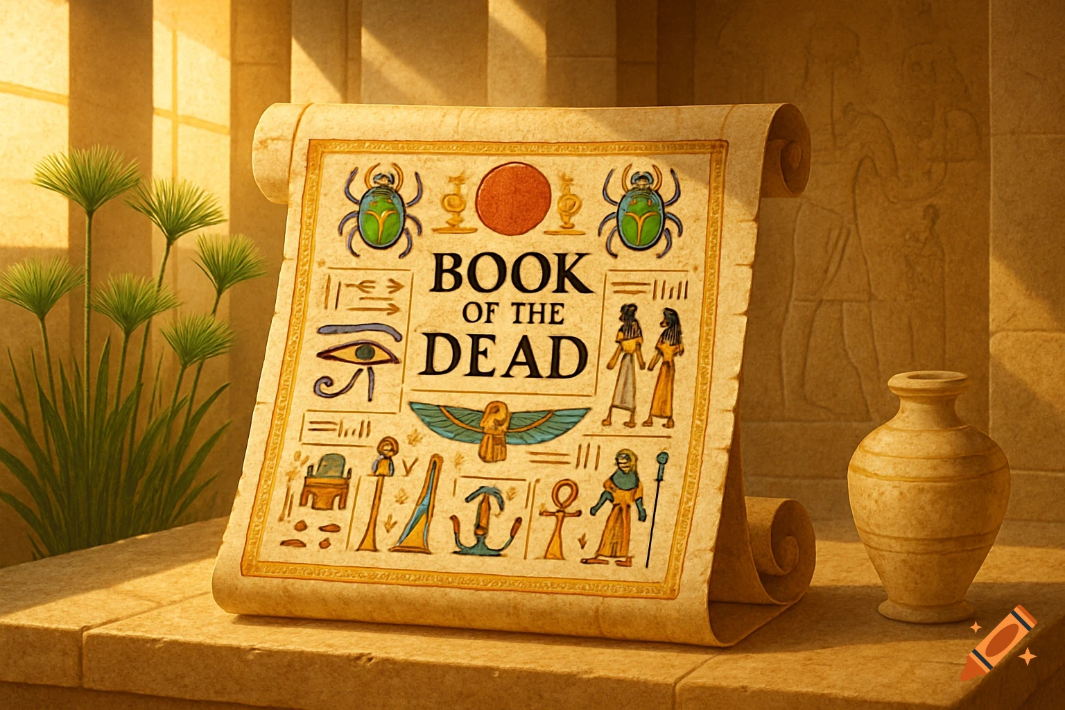 Ancient Egyptian Book of the Dead papyrus scroll with hieroglyphs and scarabs, on a stone surface with papyrus plants and a vase.