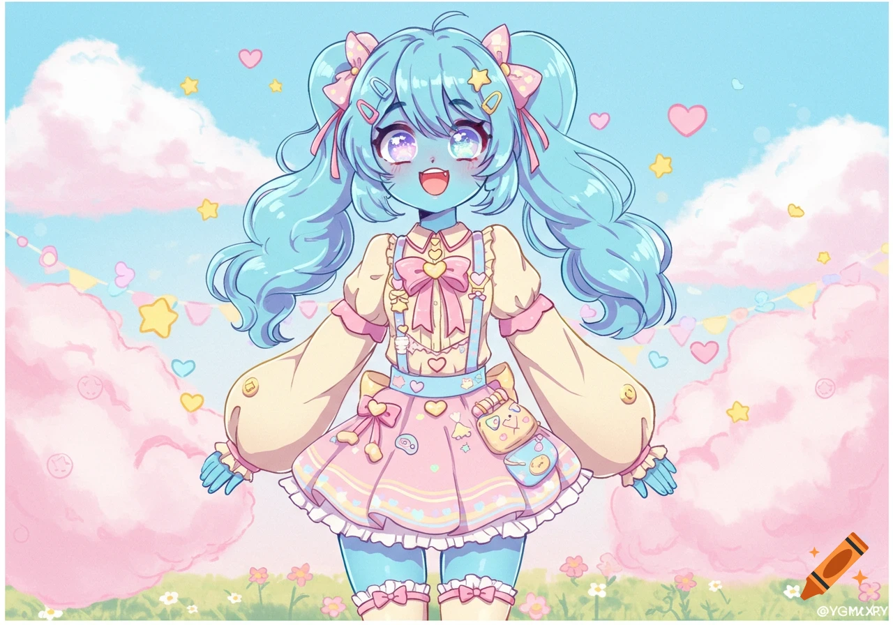 A cute blue-skinned anime girl with pigtails and a pastel outfit smiles in a whimsical landscape of pink clouds and stars.