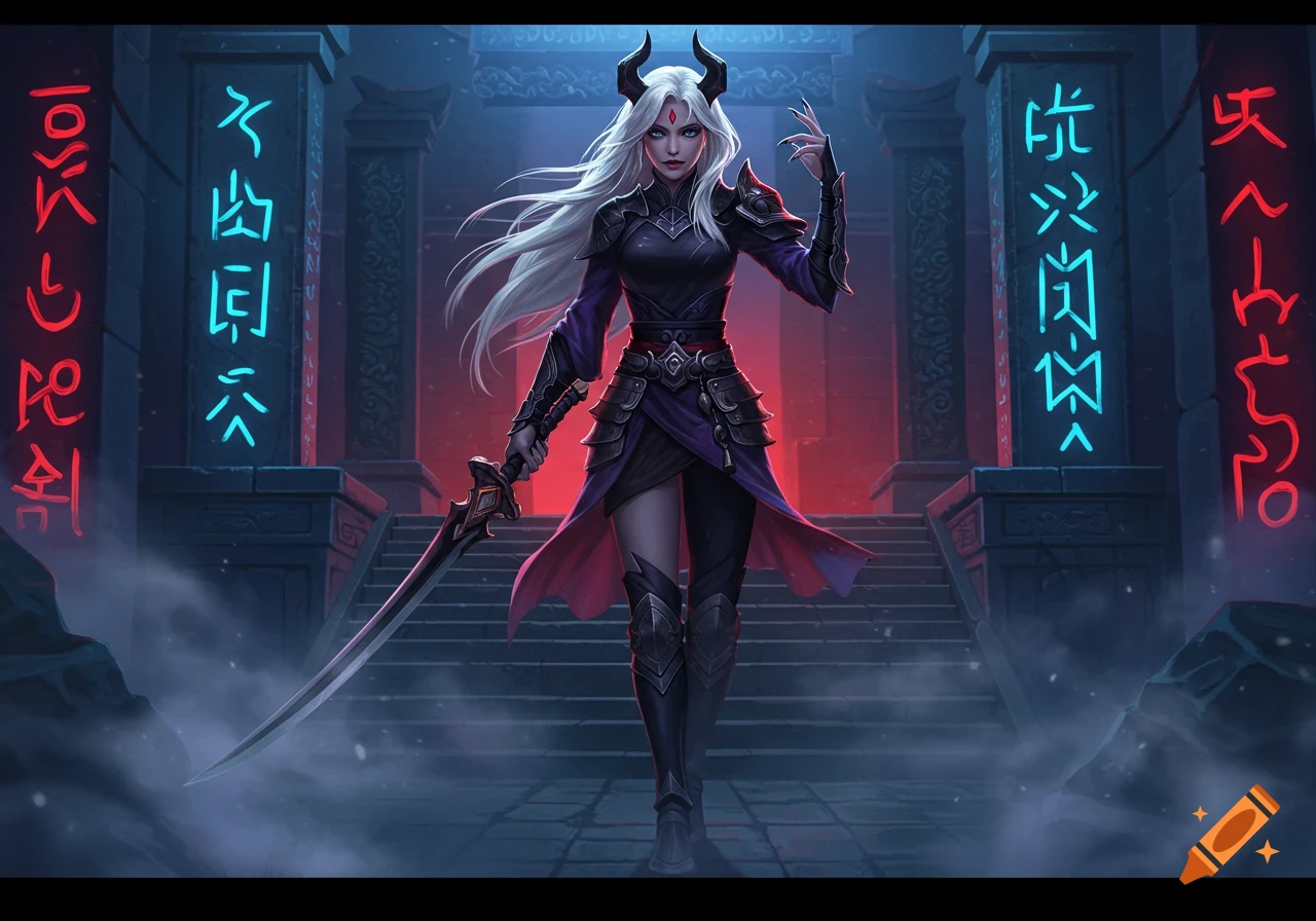 A white-haired demon hunter with horns and a sword stands on steps between glowing pillars, in a dark fantasy setting.
