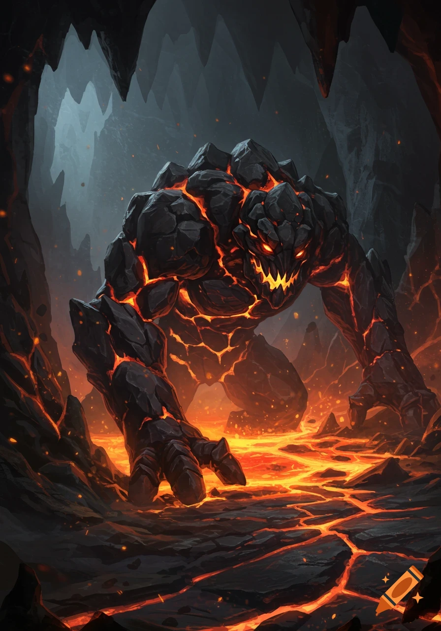 A menacing rock monster with glowing orange cracks and eyes stands in a dark, lava-filled cave.