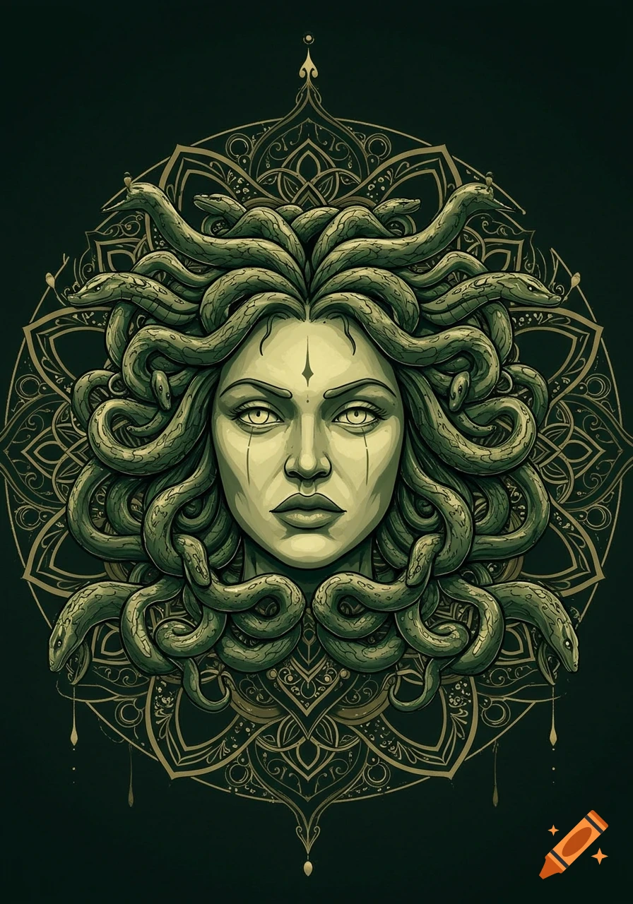 Stylized illustration of Medusa's head with snakes for hair against an intricate green mandala pattern.