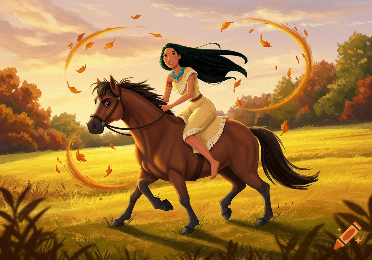 Pocahontas with long dark hair rides a brown horse through a sunlit golden field, with autumn leaves swirling around them.