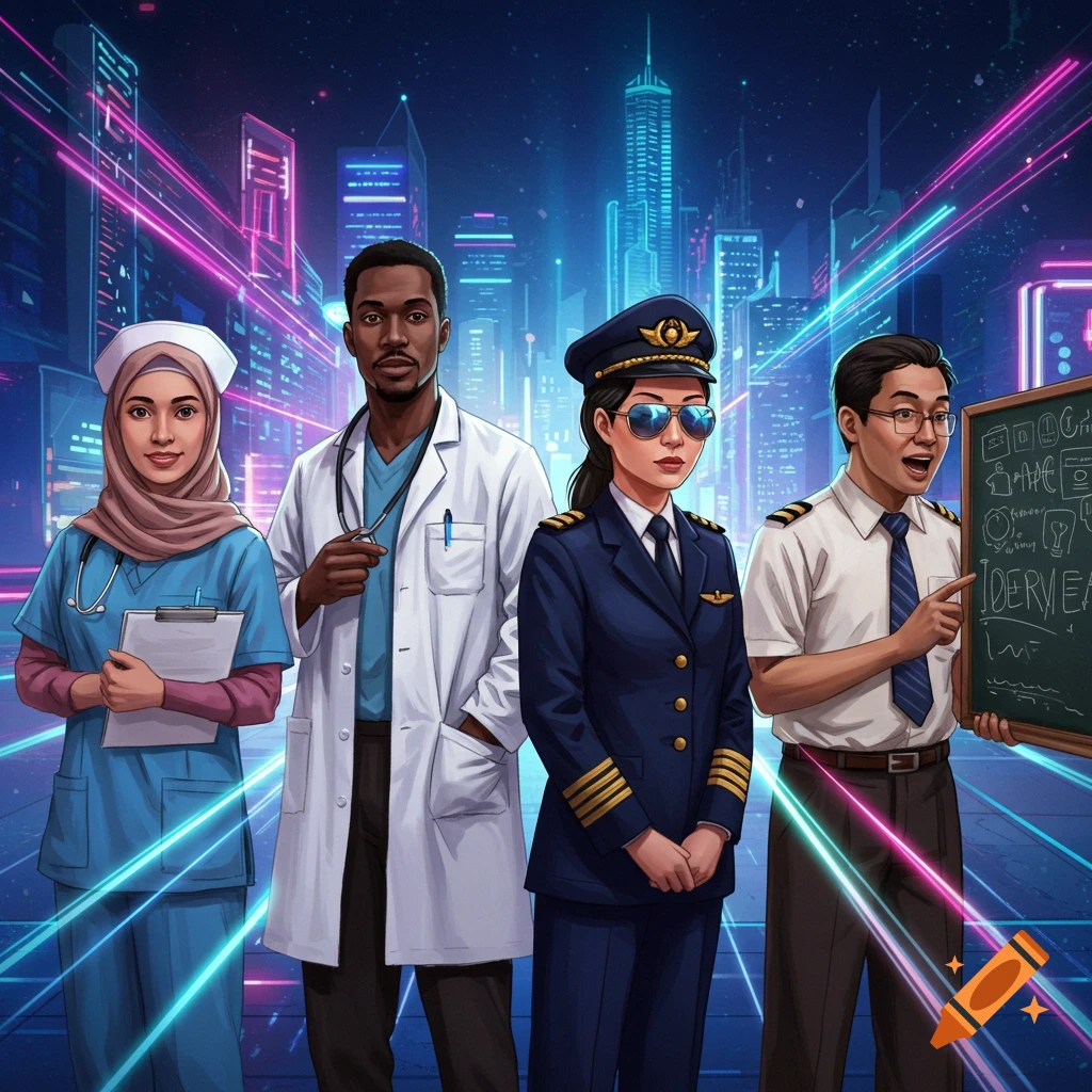 Four diverse professionals (nurse, doctor, pilot, professor) stand in a vibrant neon futuristic city. Stylized illustration.