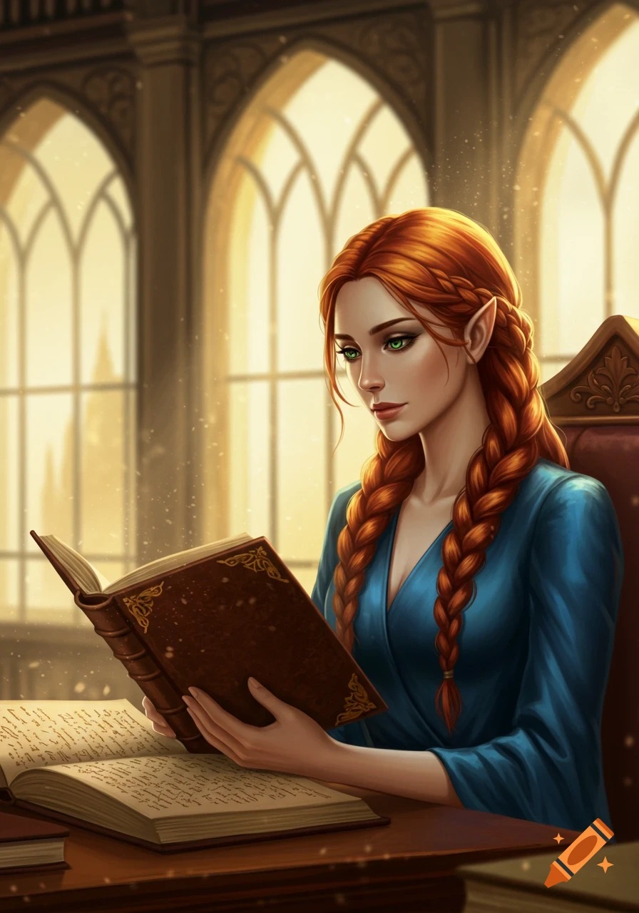 An elf woman with red braids and green eyes reads a large book in a sunlit library with arched windows.