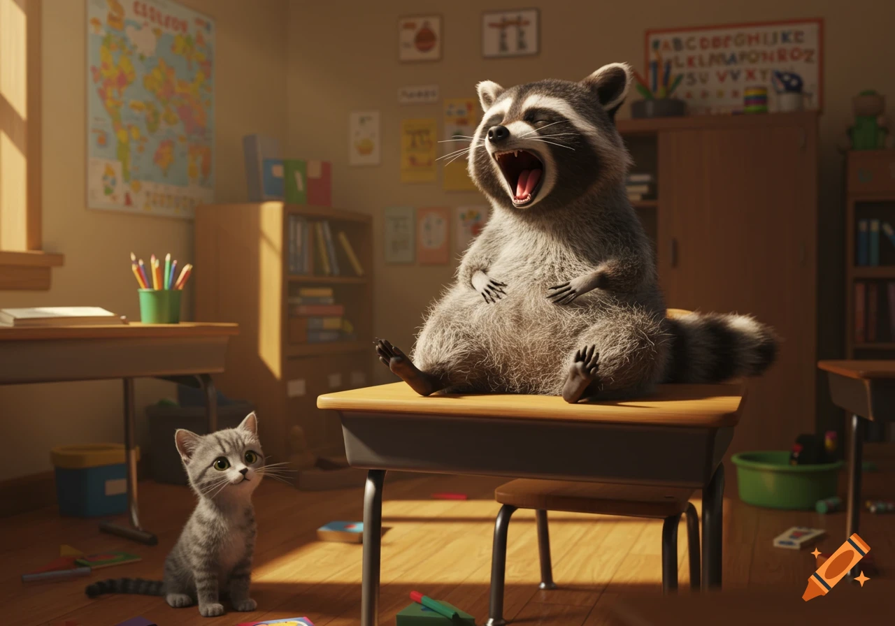 A large fluffy raccoon sits on a classroom desk yawning or laughing while a small kitten sits on the floor below looking up. 3D animated style.