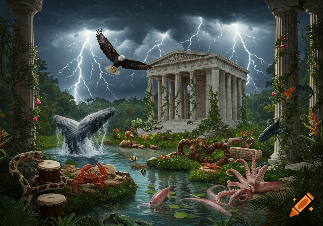 Photorealistic scene of ancient Greek ruins in a lush jungle with a breaching whale, eagle, and various animals under a stormy, lightning-filled sky.
