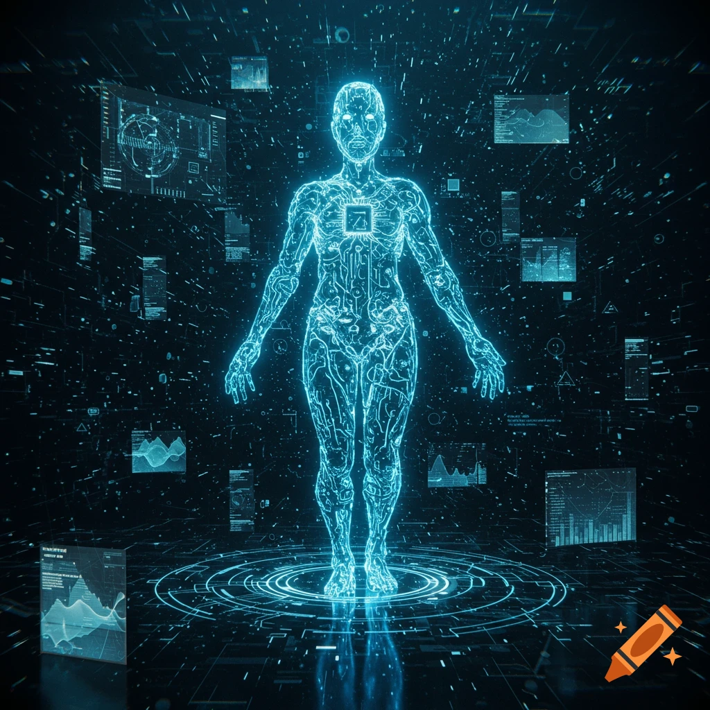 A glowing blue, circuit-patterned human figure stands amidst holographic data displays in a dark, digital space.