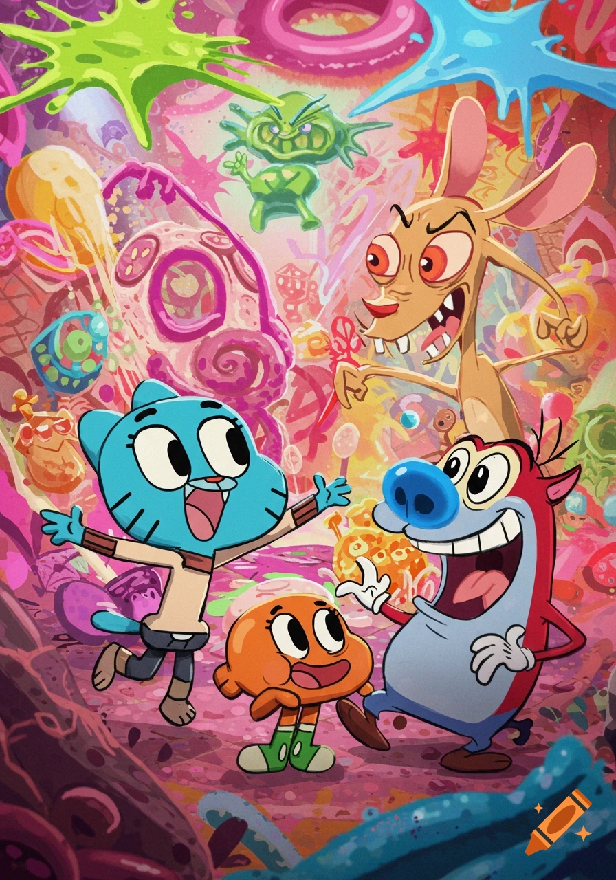 Gumball, Darwin, Ren, and Stimpy pose together in a vibrant, surreal, and gooey cartoon environment.